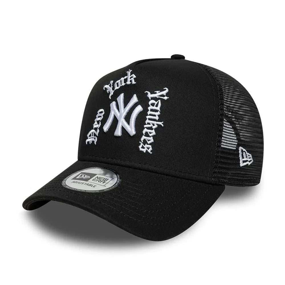 NEW ERA New York Yankees MLB Script Black 9FORTY A-Frame Trucker Adjustable Cap 60915922