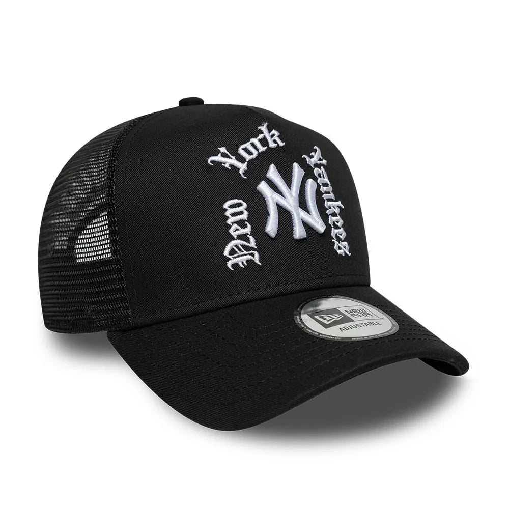 NEW ERA New York Yankees MLB Script Black 9FORTY A-Frame Trucker Adjustable Cap 60915922
