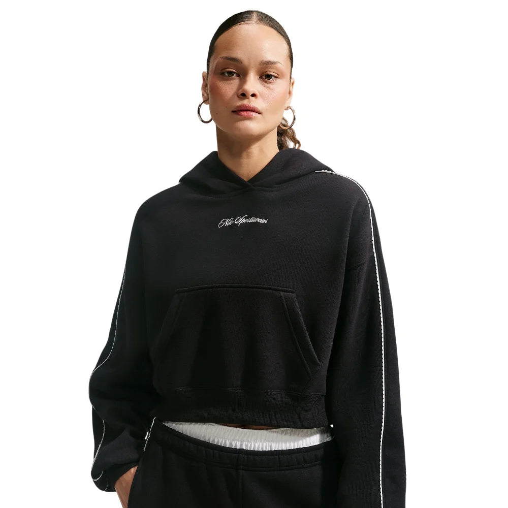 NIKE Studio Fleece Medium Weight "Graphic Pack" Cropped Pullover Hoodie Black IO9948-001