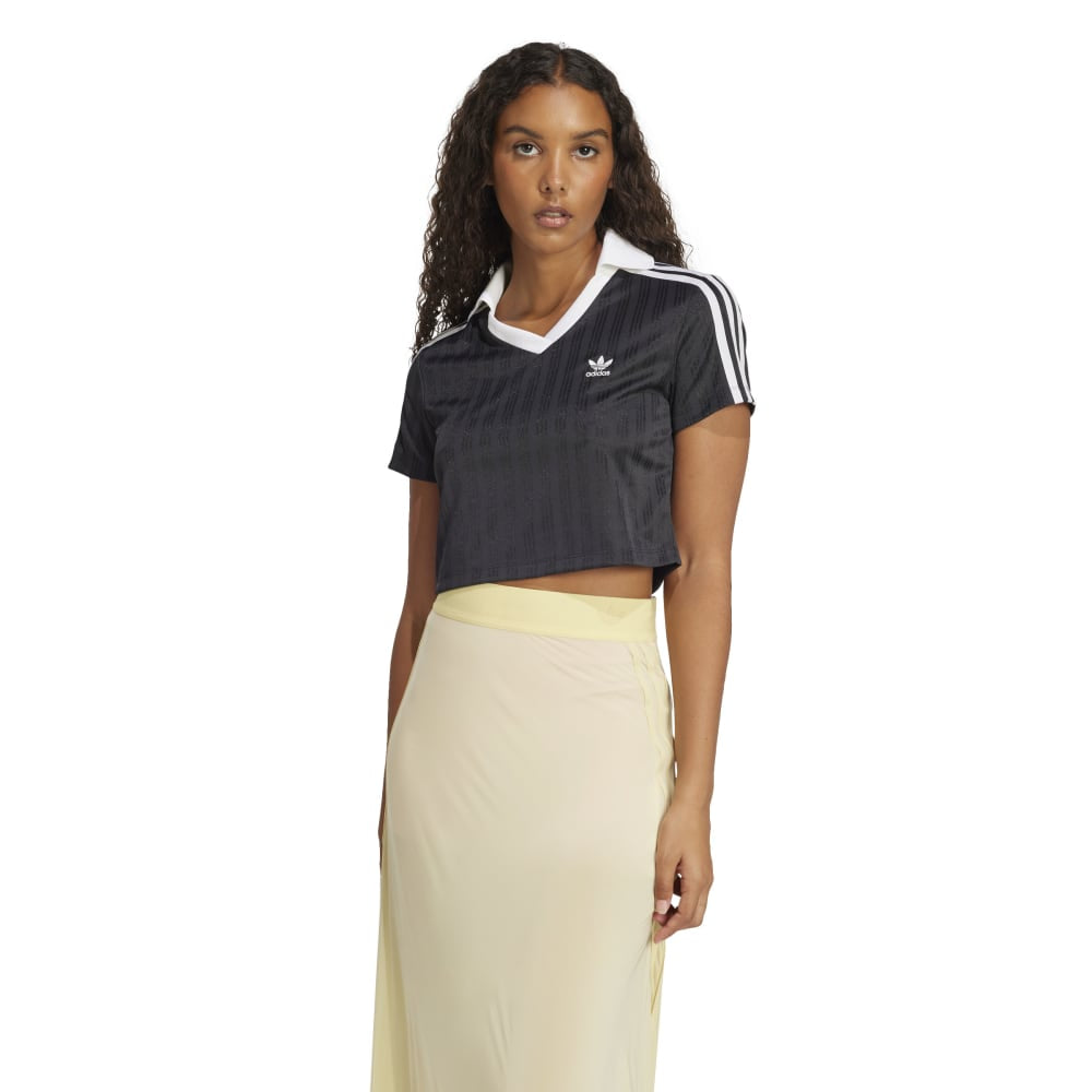 ★adidas★ Football Jacquard V-Neck Crop Polo Shirt Black JD Adicolor Football Jacquard V-Neck Crop Polo Shirt Black